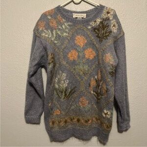 Vintage 80s Melbourne Elements Mohair Wool Blend Knit Sweater S Baby Blue Floral
